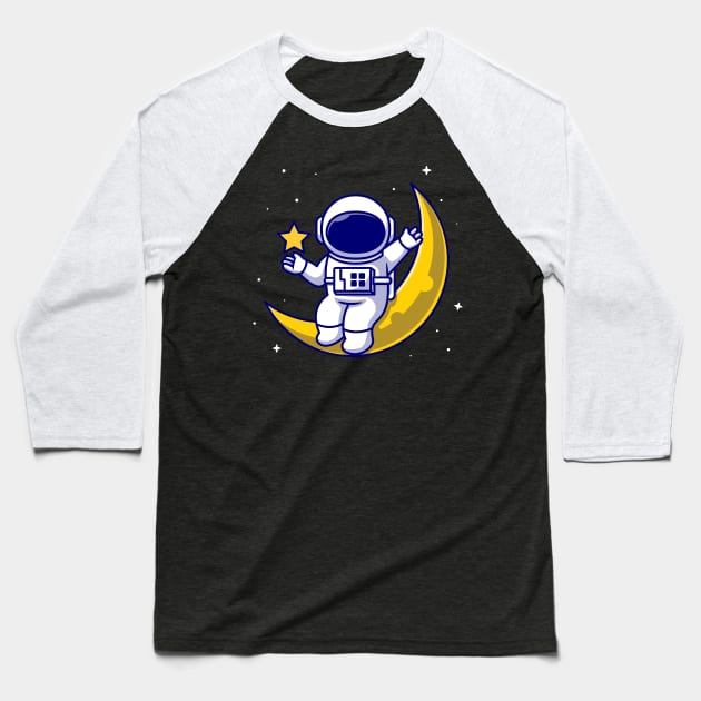 Astronauts Sitting On The Moon With Star Cartoon Baseball T-Shirt by Catalyst Labs